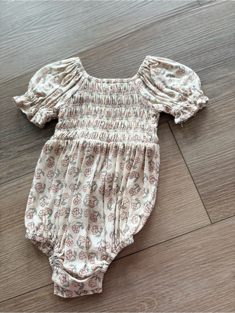 Smocked Puff-Sleeve Baby Romper in Cream with Pink Floral
